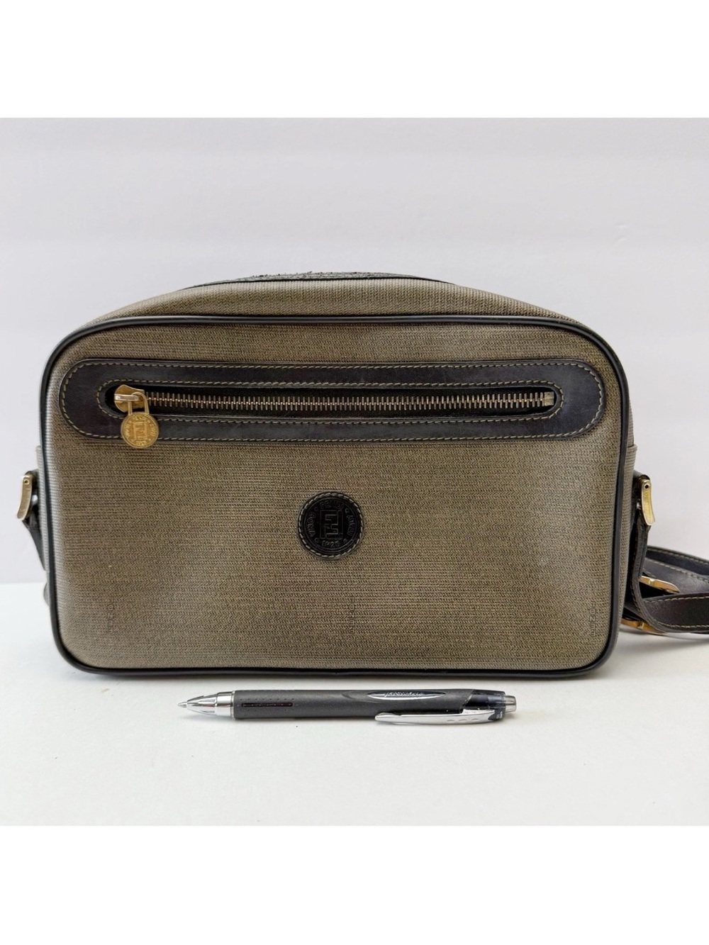 Fendi Vintage Roma Logo Olive Canvas Crossbody Bag